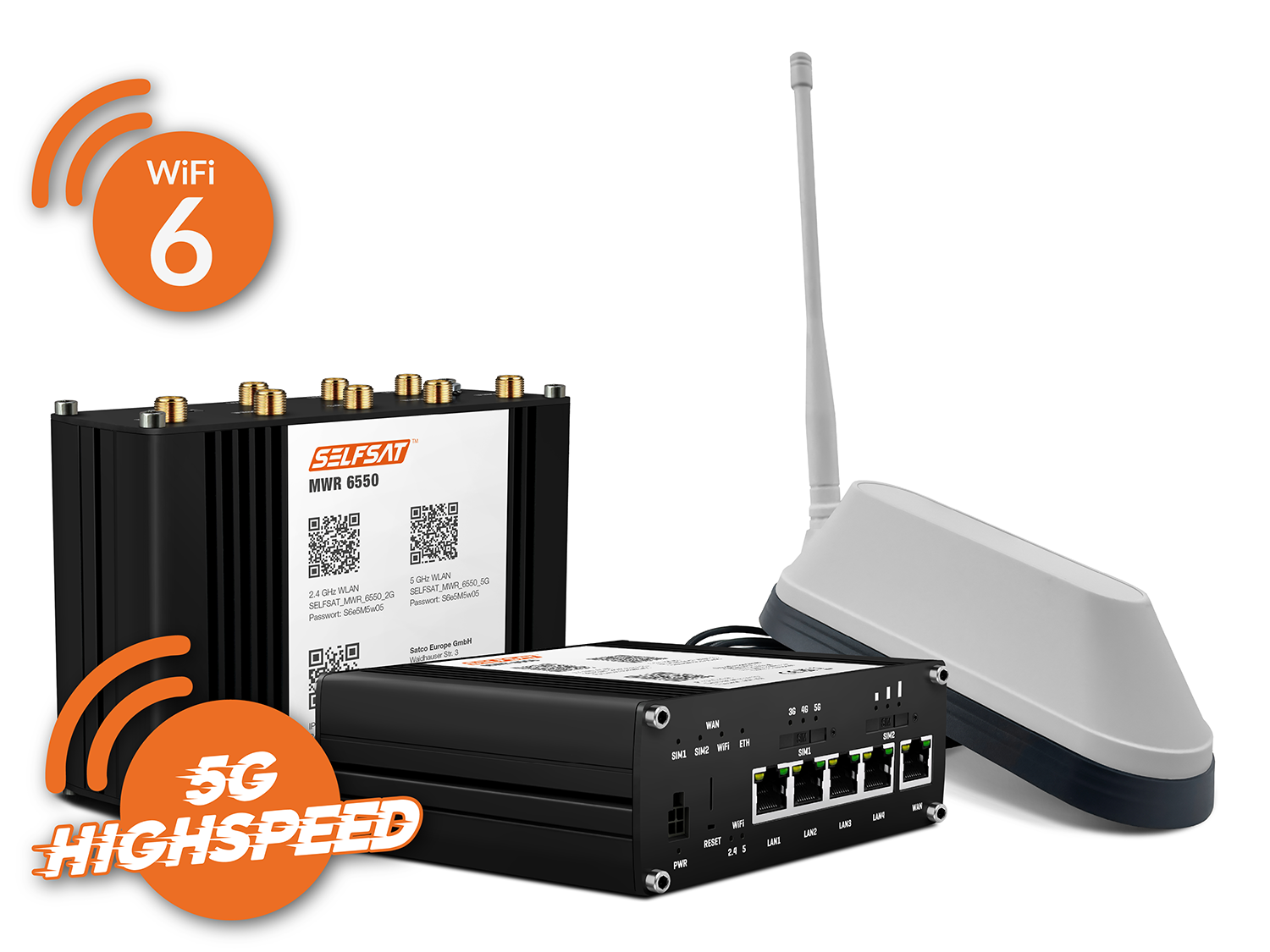 SELFSAT MWR 6550 5G Cat 19 WiFi 6 WLAN Router bis 3,4 Gbps inkl. SHARK 5G Antenne weiß