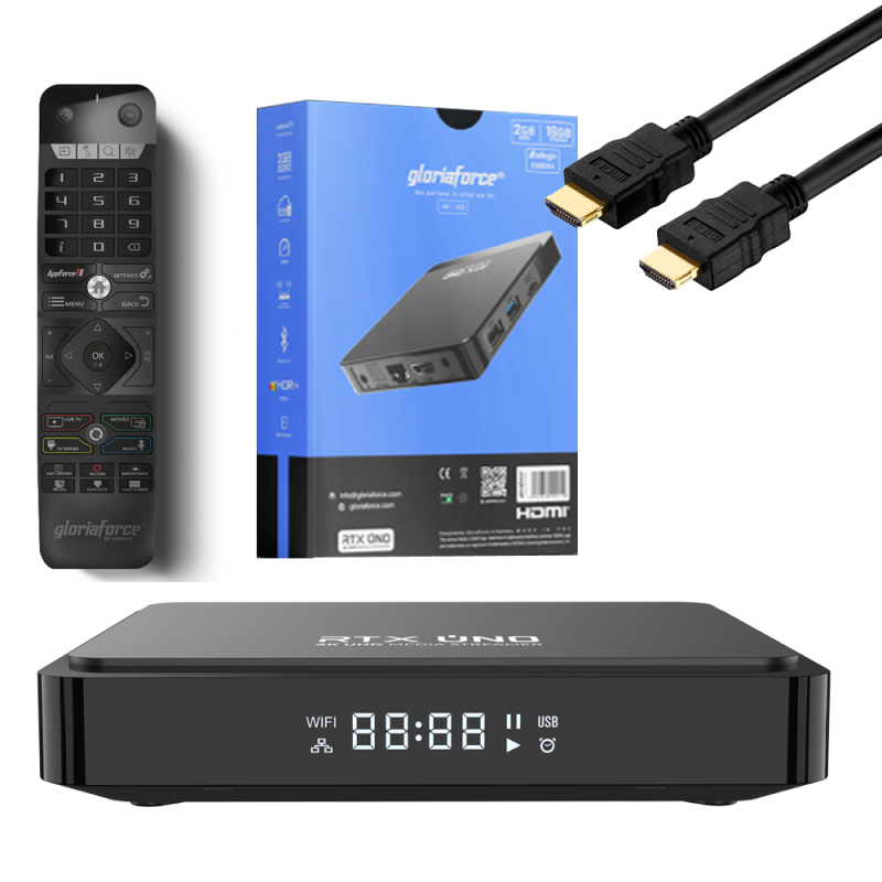 Gloriaforce RTX Uno 4K UHD Android 11 IP-Receiver HDR10+, Dual-WiFi, LAN, Bluetooth, MicroSD, HDMI Gloriaforce RTX Uno 4K UHD Android 11 IP-Receiver HDR10+, Dual-WiFi, LAN, Bluetooth, MicroSD, HDMI