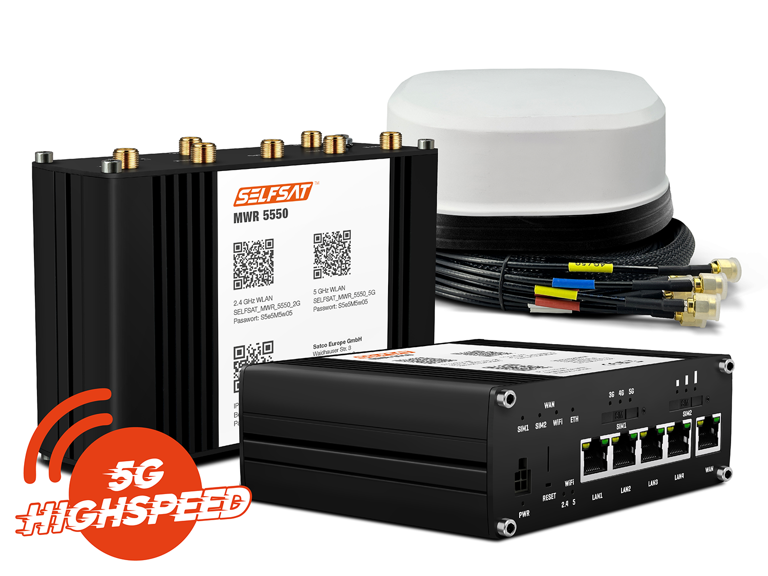 SELFSAT MWR 5550 5G Cat 20 WLAN Router bis 3,3 Gbps inkl. SATCO 5G Antenne weiß SELFSAT MWR 5550 5G Cat 20 WLAN Router bis 3,3 Gbps inkl. SATCO 5G Antenne weiß