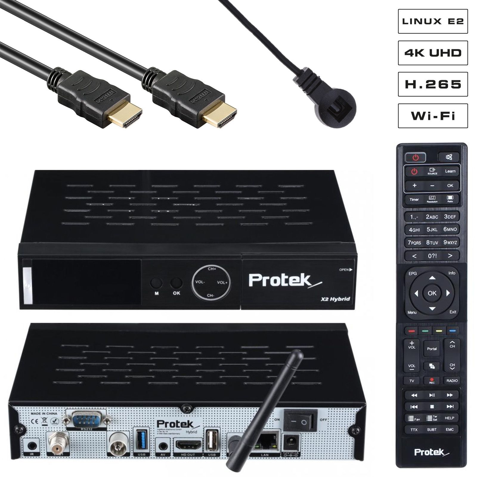 Protek X2 Combo 4K UHD 2160p H.265 HEVC E2 Linux 2.4 GHz WiFi 1x DVB-S2 1x DVB-C/T2 Receiver Schwarz Protek X2 Combo 4K UHD 2160p H.265 HEVC E2 Linux 2.4 GHz WiFi 1x DVB-S2 1x DVB-C/T2 Receiver Schwarz