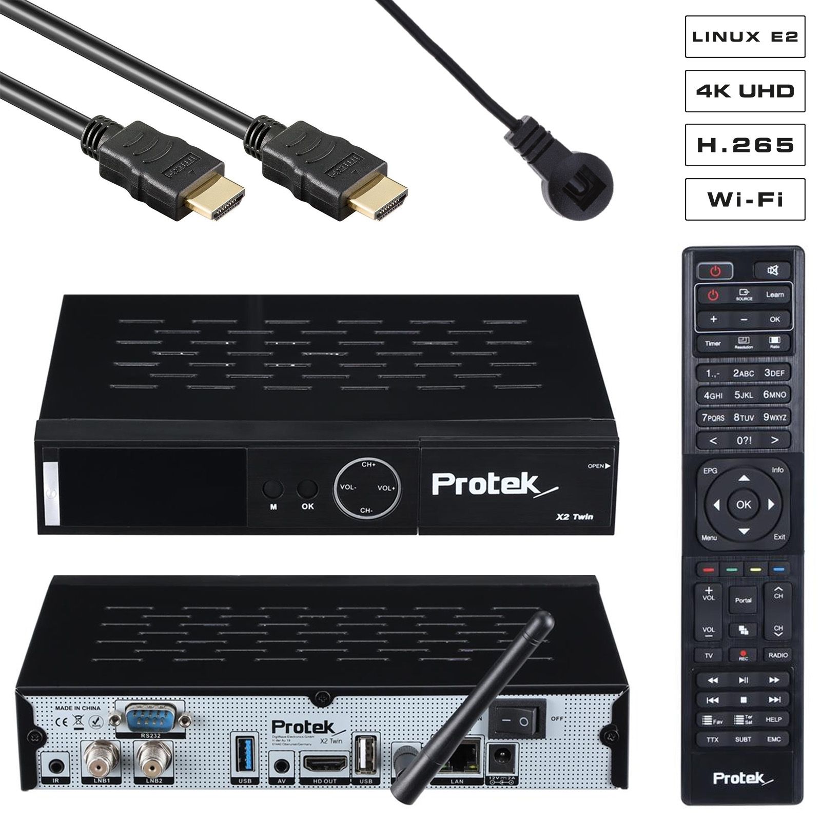 Protek X2 Twin 4K UHD 2160p H.265 HEVC E2 Linux 2.4 GHz WiFi 2x DVB-S2 Sat Receiver Schwarz Protek X2 Twin 4K UHD 2160p H.265 HEVC E2 Linux 2.4 GHz WiFi 2x DVB-S2 Sat Receiver Schwarz