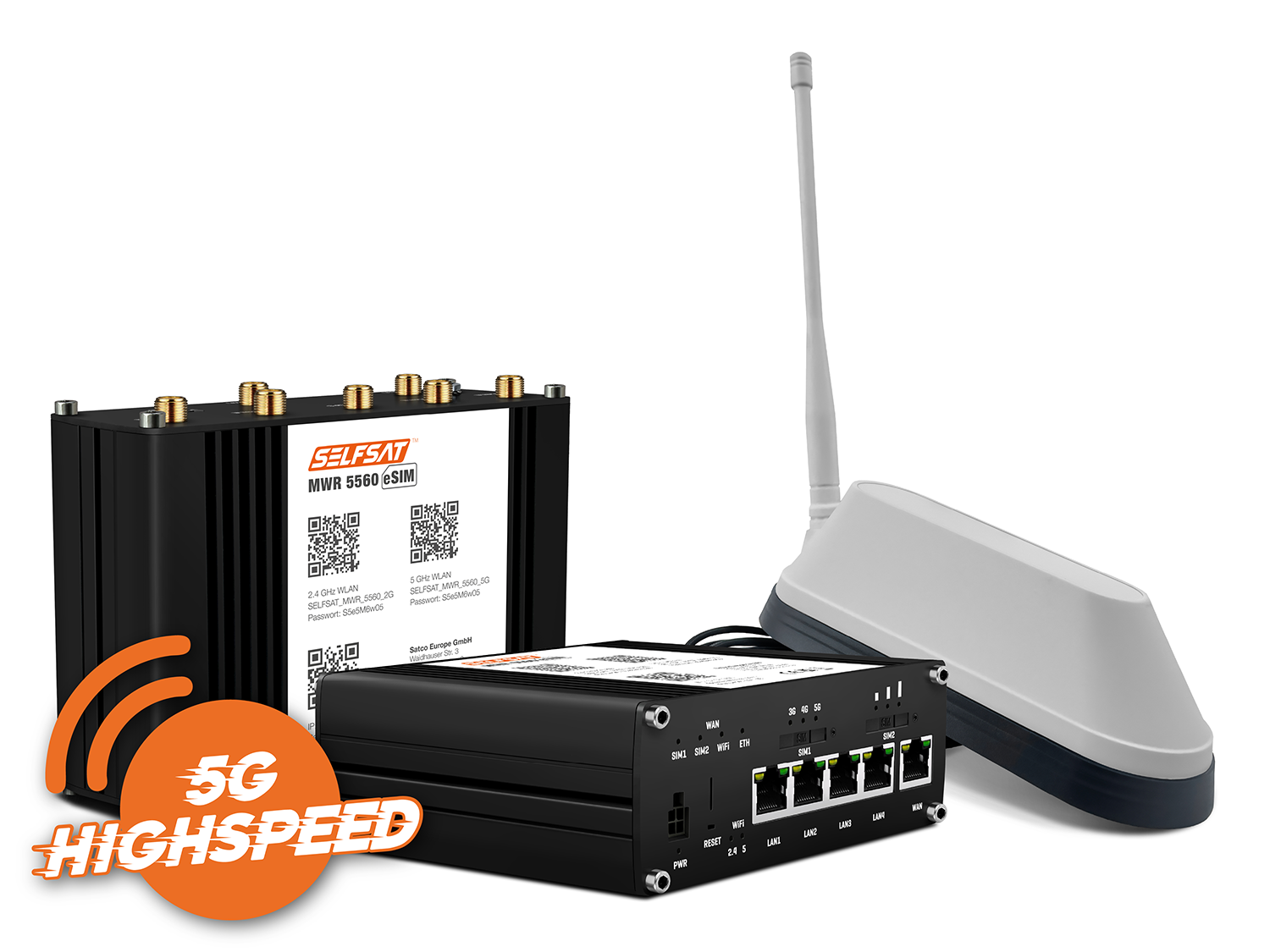 SELFSAT MWR 6550 5G Cat 19 WiFi 6 WLAN Router bis 3,4 Gbps inkl. SHARK 5G Antenne schwarz