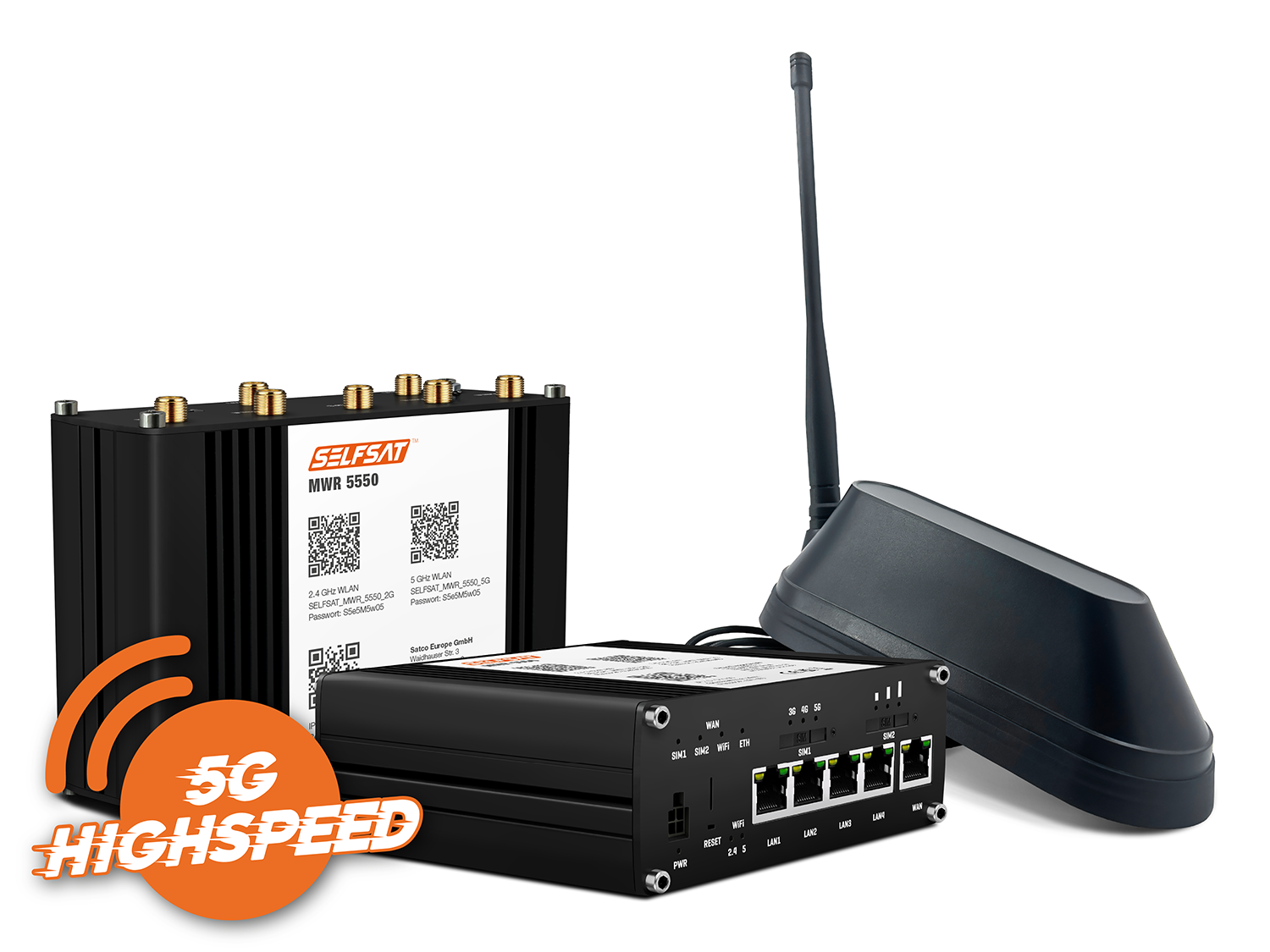 SELFSAT MWR 5550 5G Cat 20 WLAN Router bis 3,3 Gbps inkl. SHARK 5G Antenne schwarz SELFSAT MWR 5550 5G Cat 20 WLAN Router bis 3,3 Gbps inkl. SHARK 5G Antenne schwarz