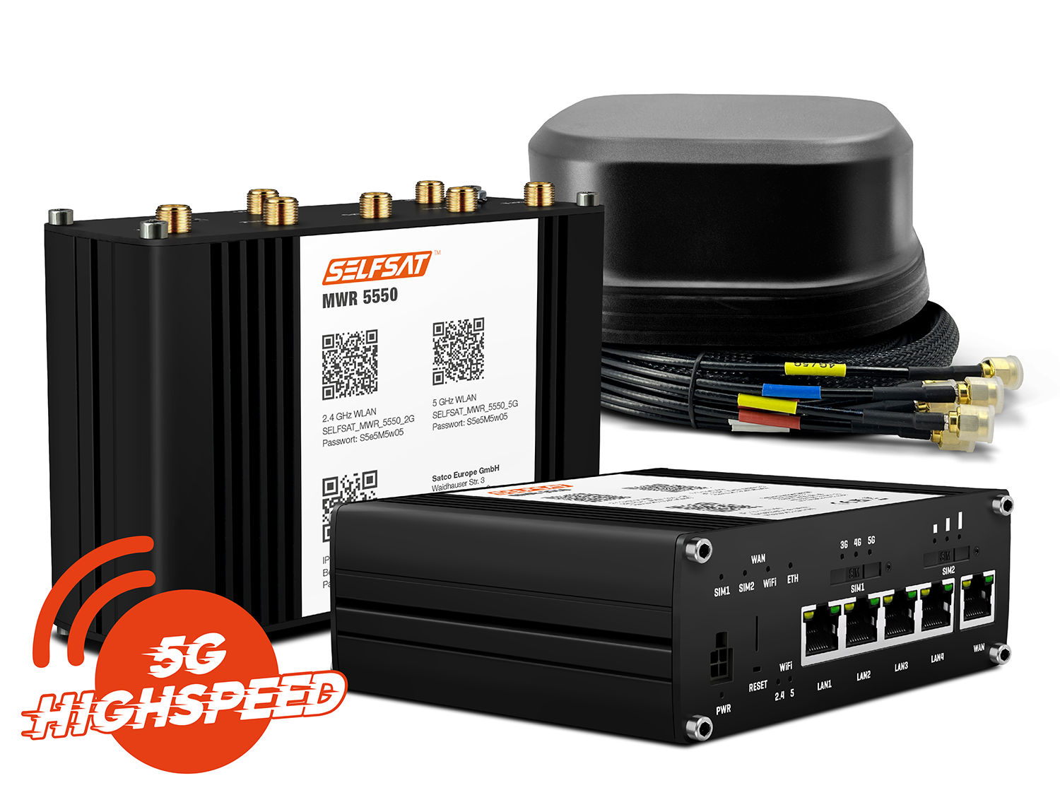 SELFSAT MWR 5550 5G Cat 20 WLAN Router bis 3,3 Gbps inkl. SATCO 5G Antenne schwarz SELFSAT MWR 5550 5G Cat 20 WLAN Router bis 3,3 Gbps inkl. SATCO 5G Antenne schwarz