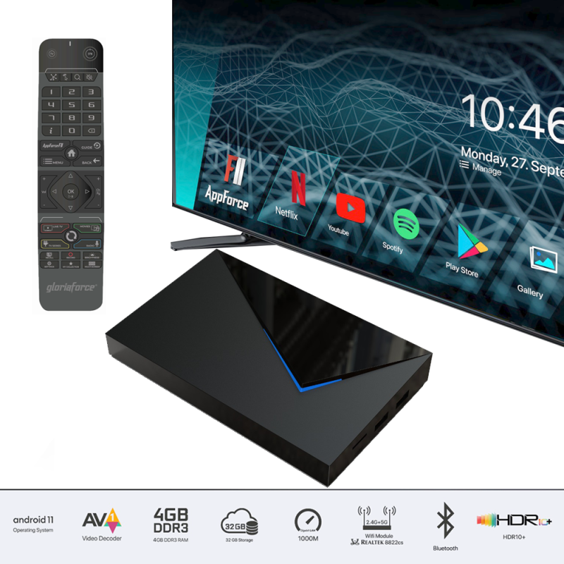 Gloriaforce RTX Quattro 4K UHD AndroidTV 11 IP-Receiver HDR10+, Dual-WiFi, LAN, Bluetooth, MicroSD Gloriaforce RTX Quattro 4K UHD AndroidTV 11 IP-Receiver HDR10+, Dual-WiFi, LAN, Bluetooth, MicroSD